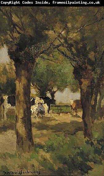 Jan Hendrik Weissenbruch Milking cows underneath the willows